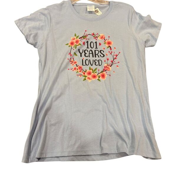 101 Years Loved Graphic T-Shirt Baby Blue w/Orange Floral Design Women Small NWT - Picture 1 of 4